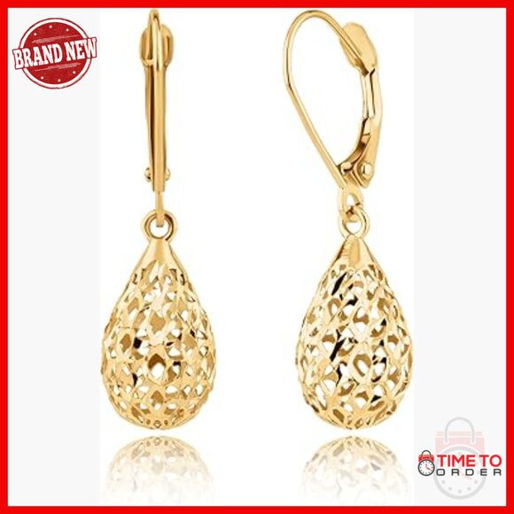 14K Solid Gold Filigree Drop Earrings with Leverback Closure